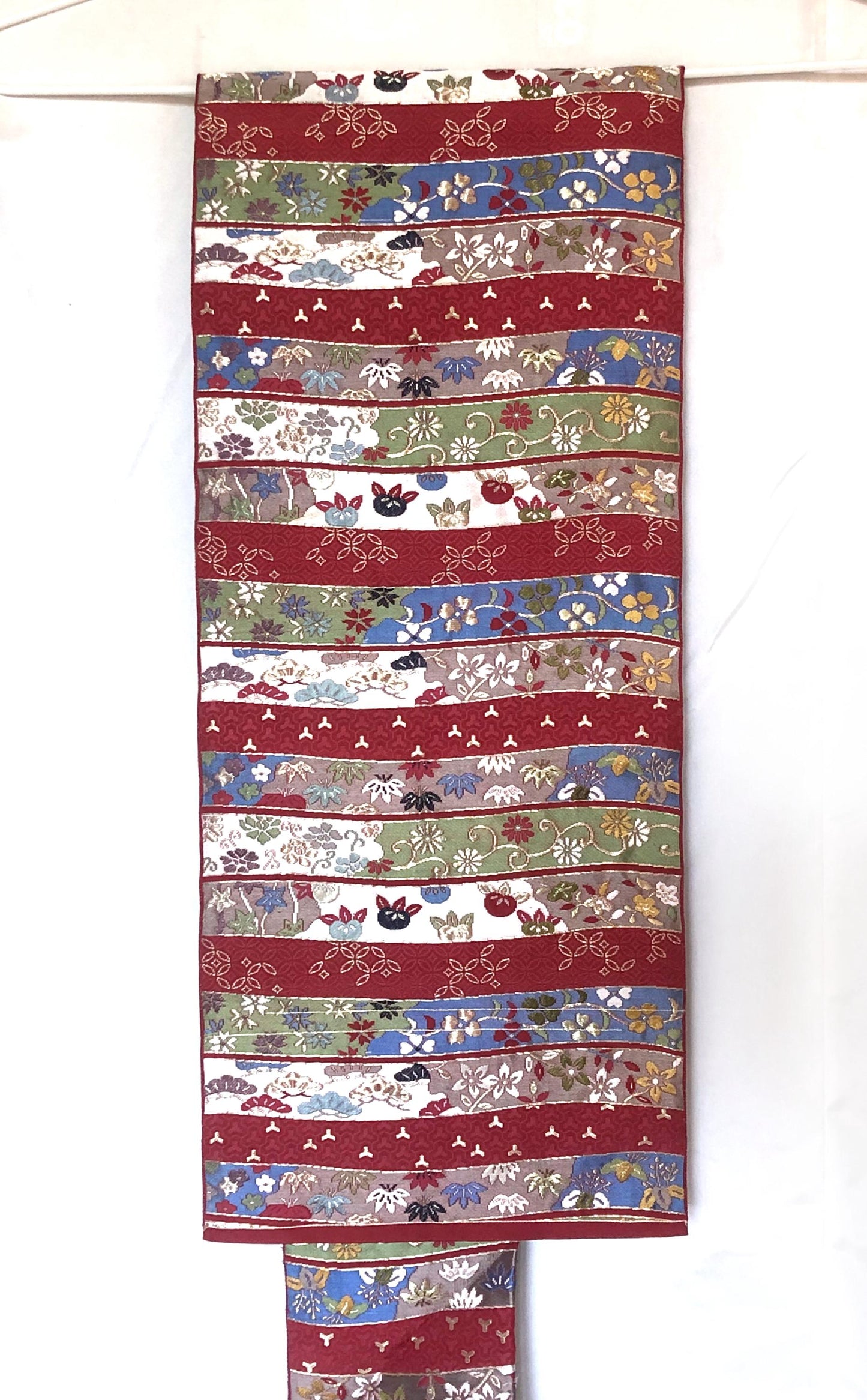 Vintage Nagoya obi - wine red jacquard with various foliage patterns (B grade)