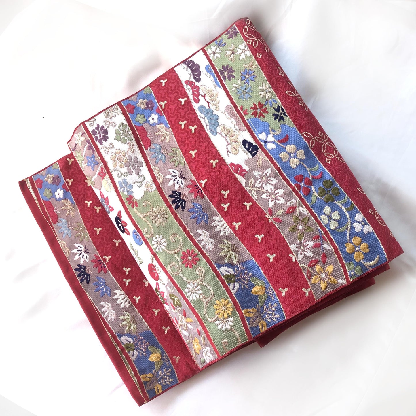 Vintage Nagoya obi - wine red jacquard with various foliage patterns (B grade)