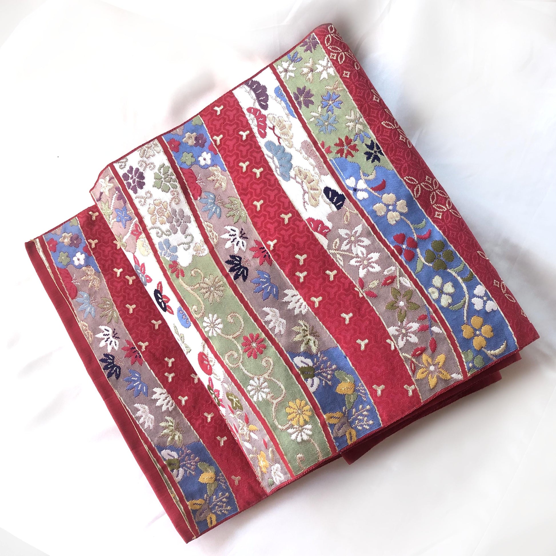 Vintage Nagoya obi - wine red jacquard with various foliage patterns (B grade)