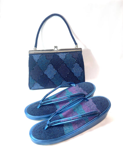 Unique vintage Japanese zori - beaded metallic blue and purple