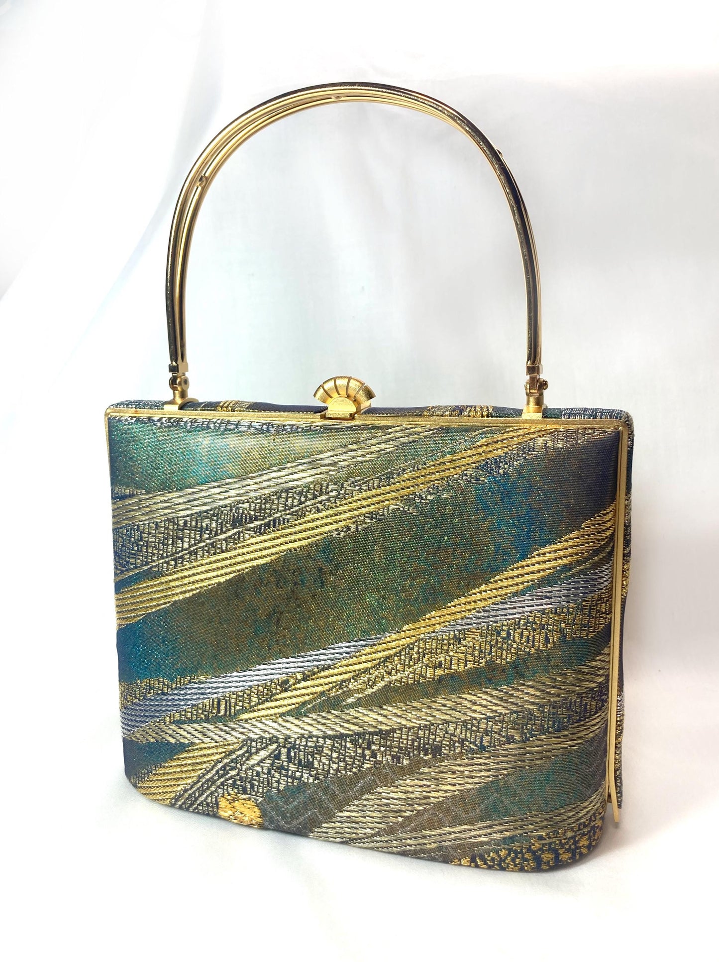 Vintage kimono handbag - emerald and golden abstract pattern