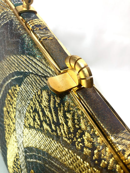 Vintage kimono handbag - emerald and golden abstract pattern