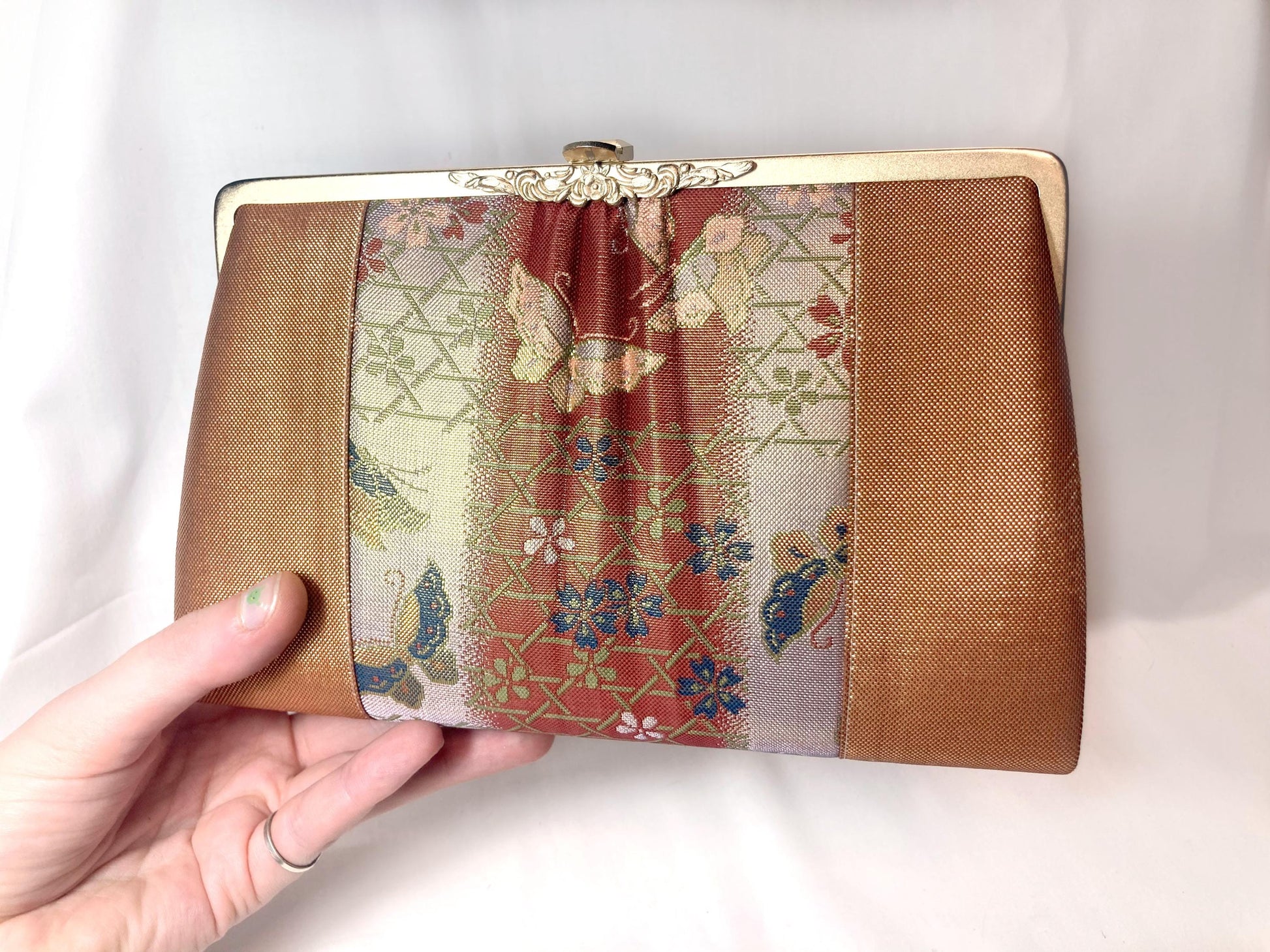 Vintage kimono handbag - two-way red brocade with butterflies