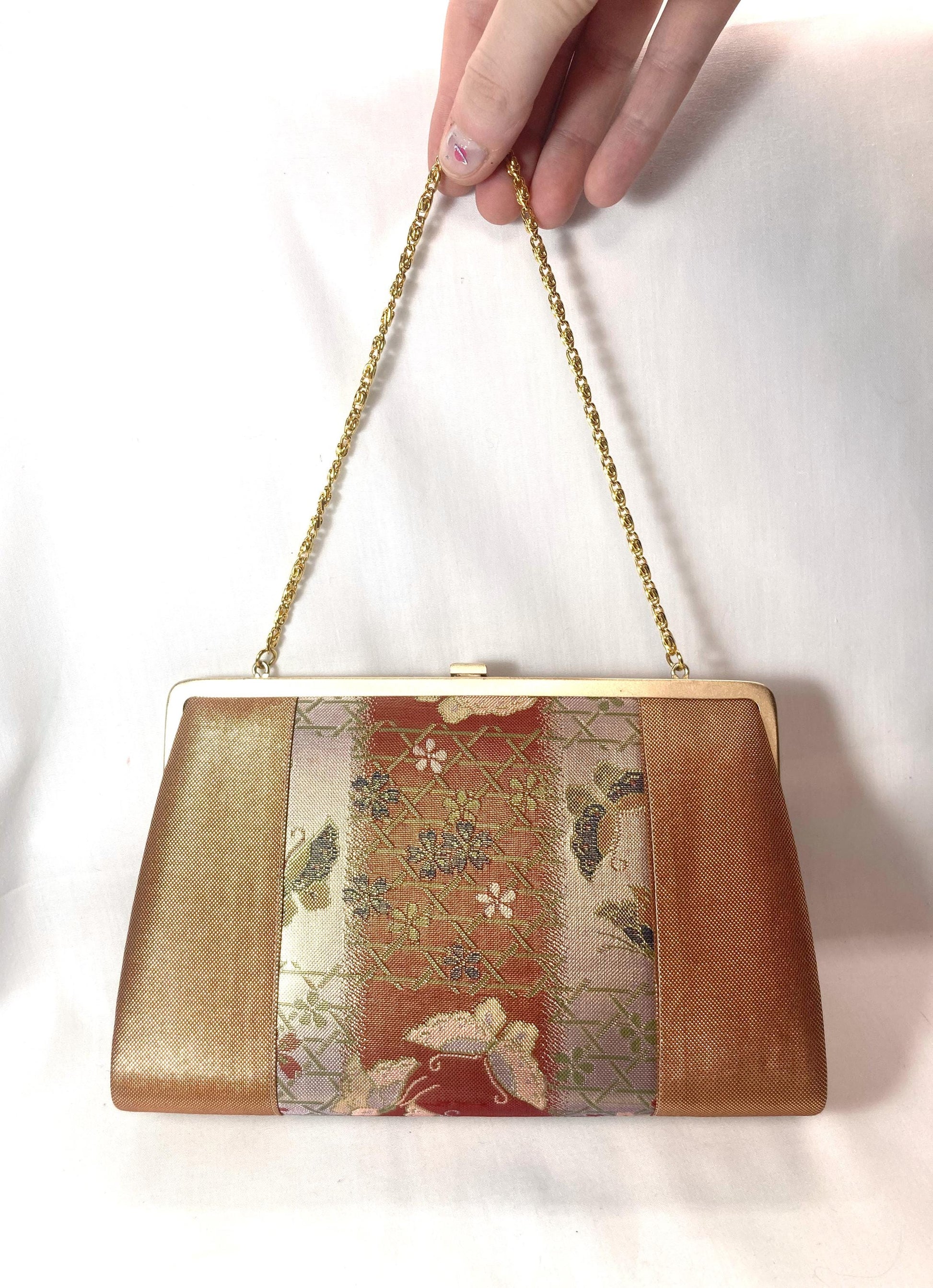 Vintage kimono handbag - two-way red brocade with butterflies