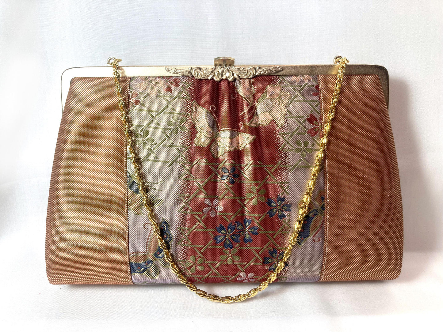 Vintage kimono handbag - two-way red brocade with butterflies