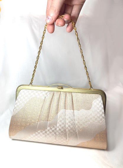 Vintage kimono handbag - two-way pearl and golden with delicate abstract pattern