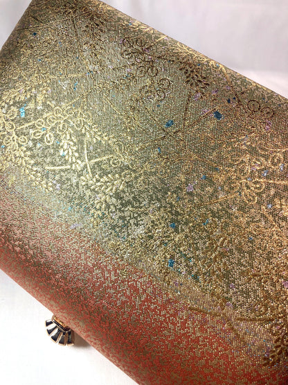 Vintage kimono handbag - metallic golden green and orange with delicate floral motif