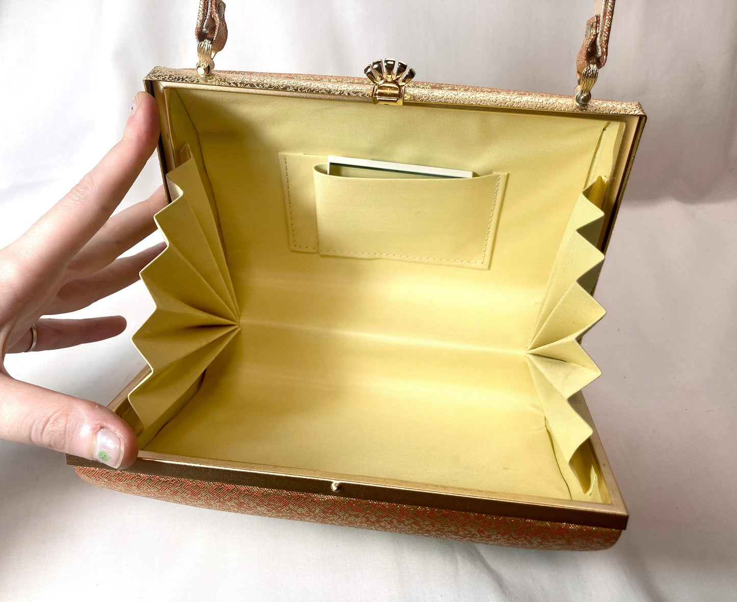 Vintage kimono handbag - metallic golden green and orange with delicate floral motif