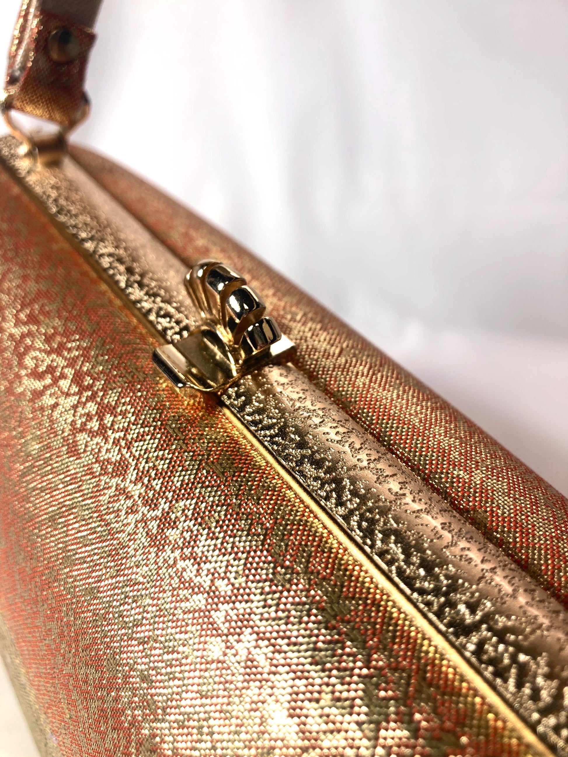 Vintage kimono handbag - metallic golden green and orange with delicate floral motif