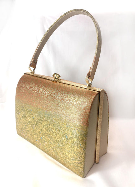Vintage kimono handbag - metallic golden green and orange with delicate floral motif