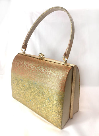 Vintage kimono handbag - metallic golden green and orange with delicate floral motif