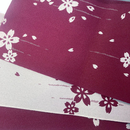 Reversible Japanese hanhaba obi - purple red and white sakura flowers