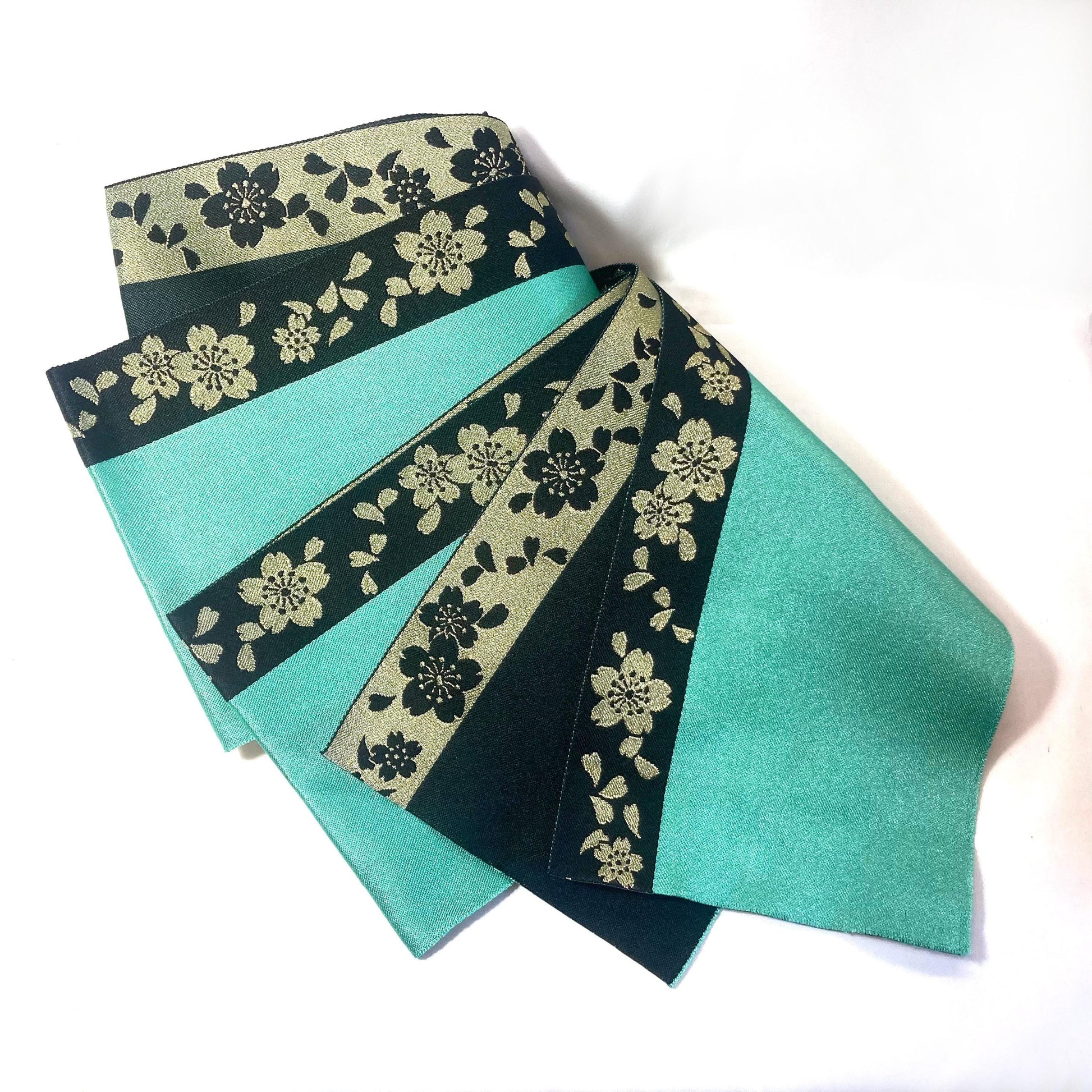 Cute Japanese hanhaba obi - emerald and black with golden sakura flowers