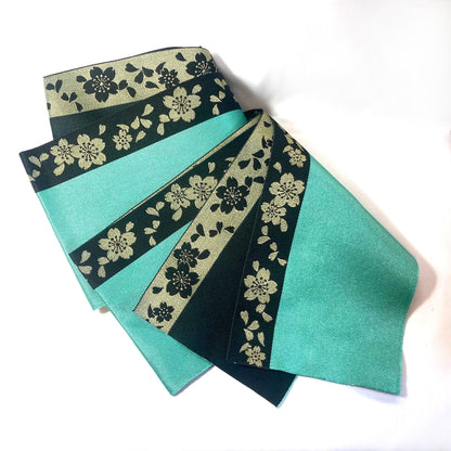 Cute Japanese hanhaba obi - emerald and black with golden sakura flowers