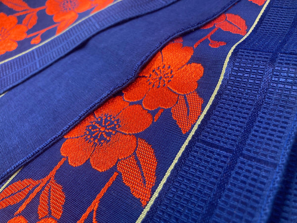 Reversible Japanese hanhaba obi - saturated blue with bright red flower stripe