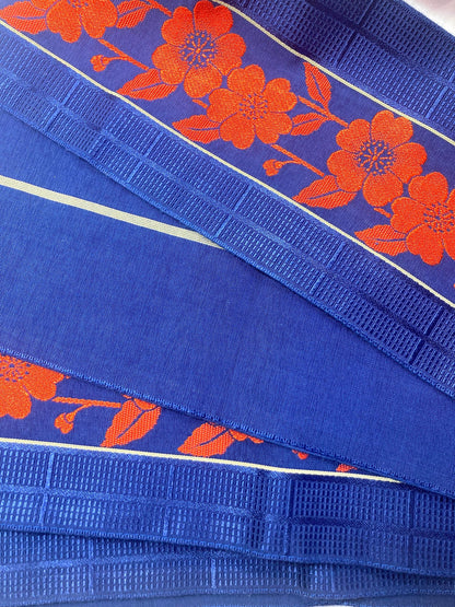 Reversible Japanese hanhaba obi - saturated blue with bright red flower stripe