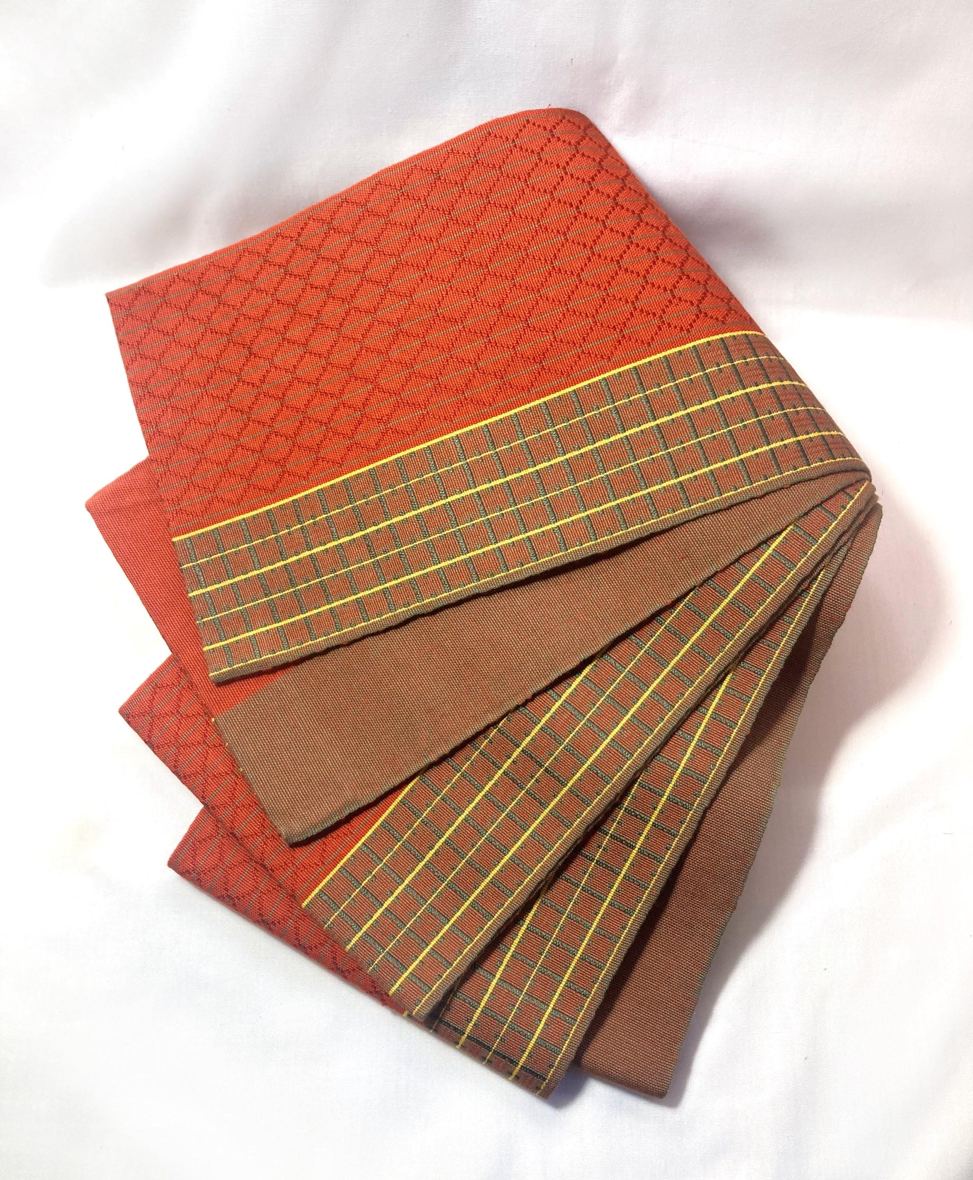 Elegant Japanese hanhaba obi - red and brown with a subtle geometric pattern