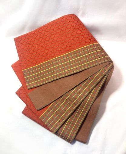 Elegant Japanese hanhaba obi - red and brown with a subtle geometric pattern
