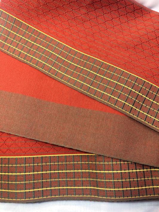 Elegant Japanese hanhaba obi - red and brown with a subtle geometric pattern