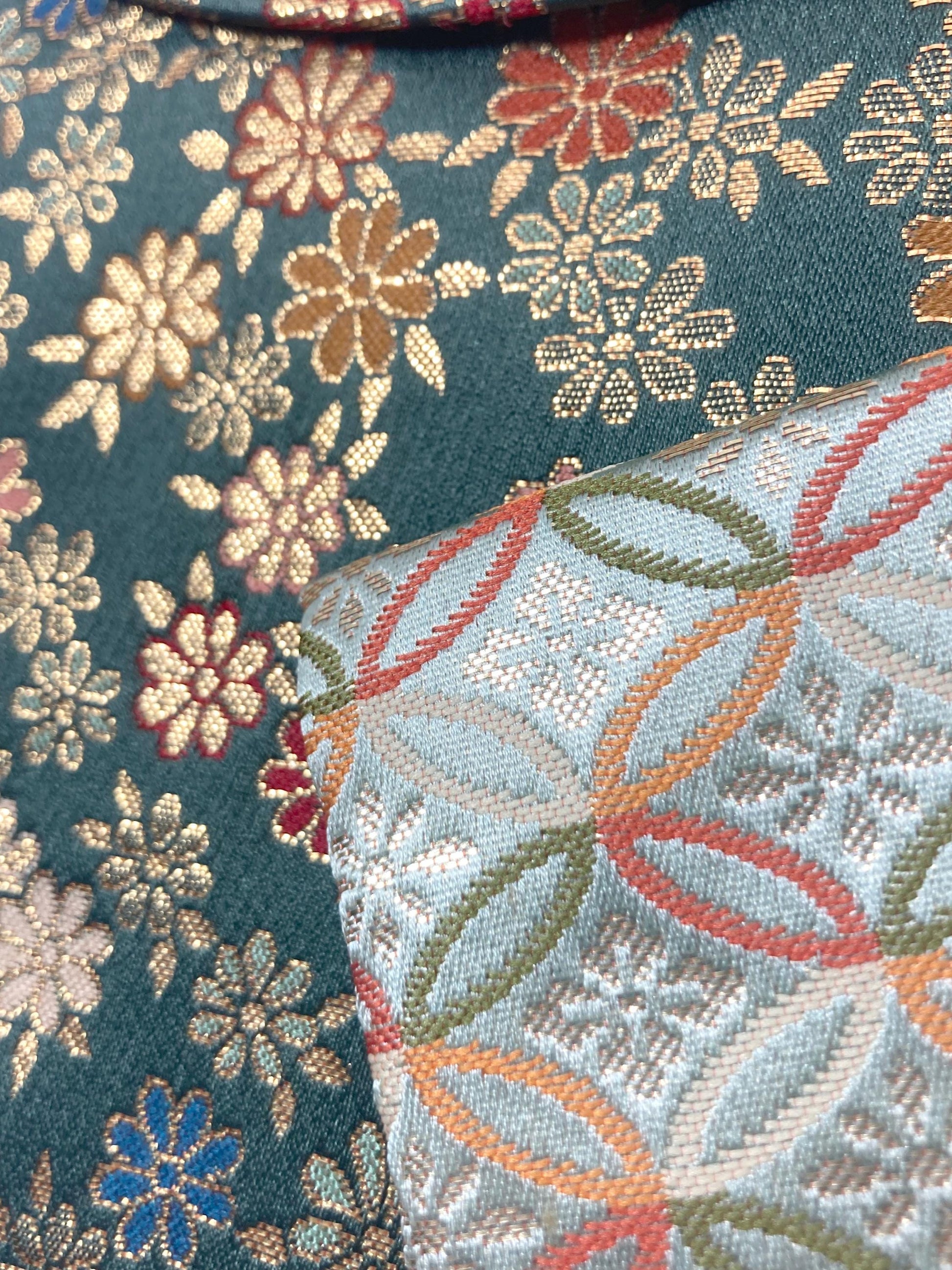 Miniature Japanese pouches - green brocade - set of 2