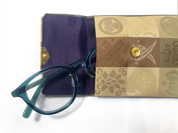Small Japanese pouch / rosary bead cover - bronze and golden jacquard kamon pattern