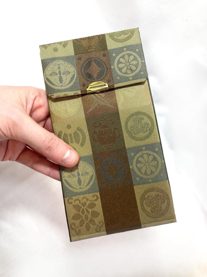 Small Japanese pouch / rosary bead cover - bronze and golden jacquard kamon pattern
