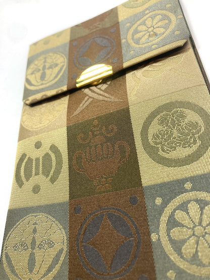 Small Japanese pouch / rosary bead cover - bronze and golden jacquard kamon pattern