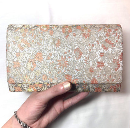 Vintage kimono clutch handbag - gold, silver, and salmon pink brocade ”Kawashima Orimono"