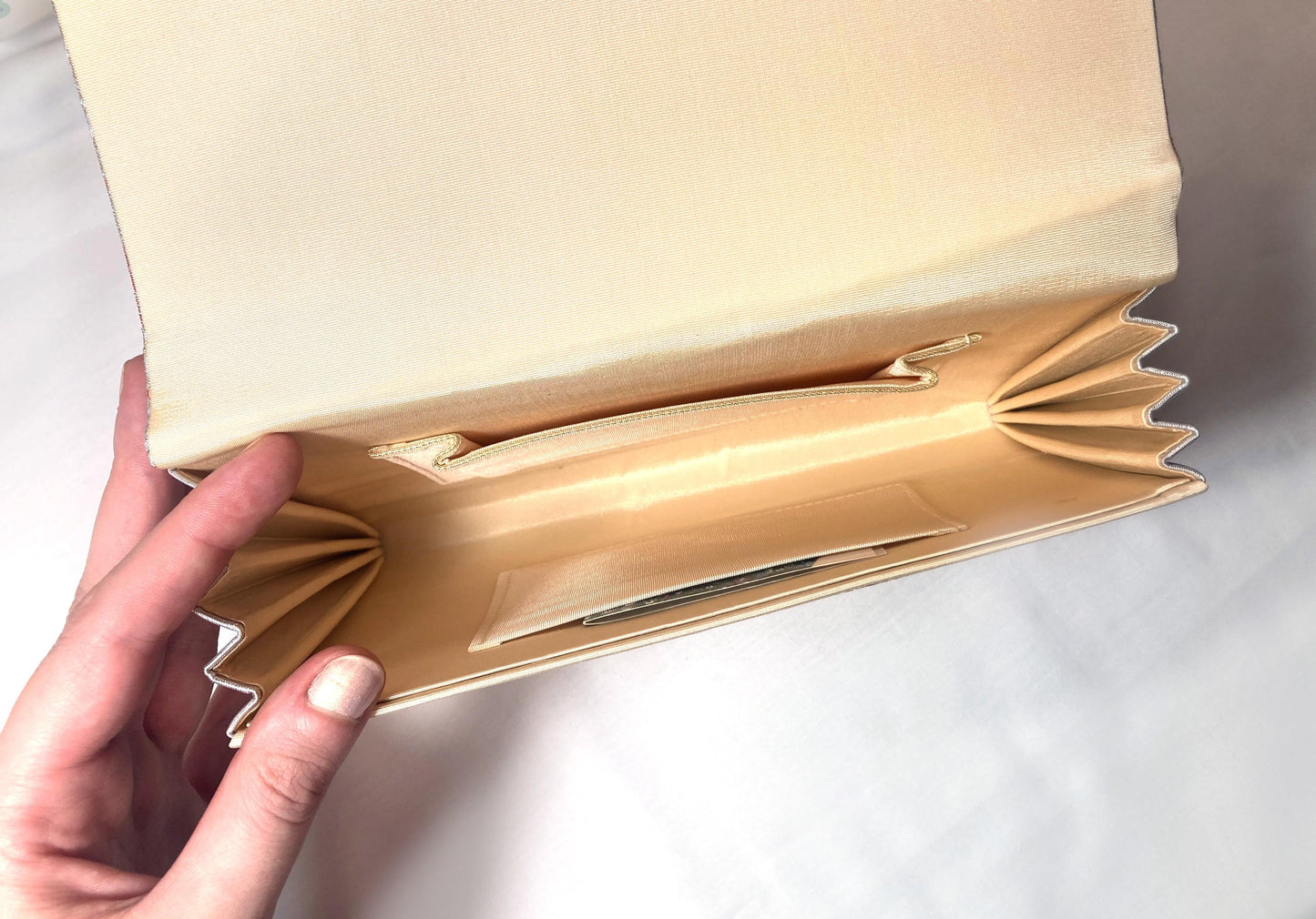 Vintage kimono clutch handbag - gold, silver, and salmon pink brocade ”Kawashima Orimono"