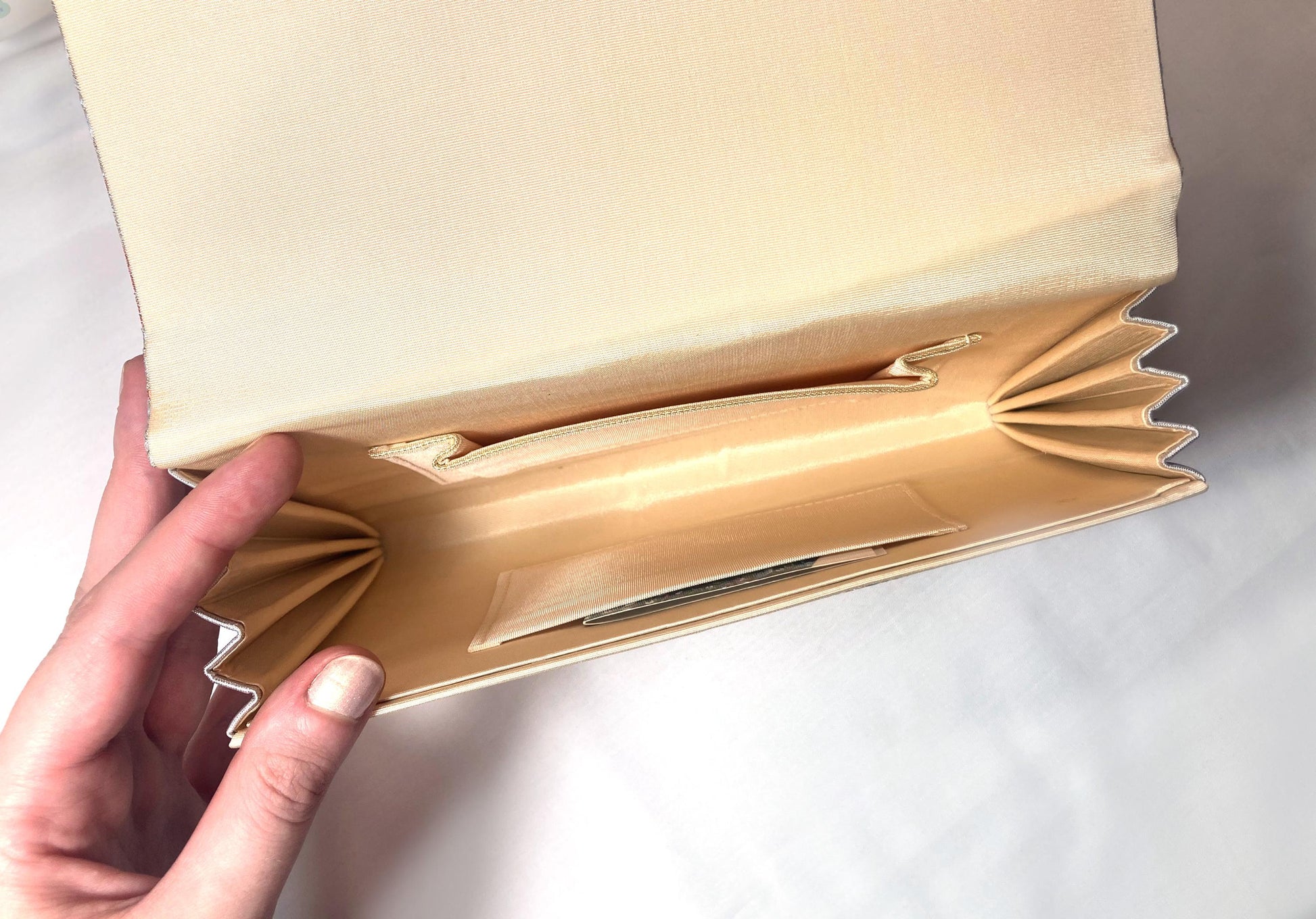 Vintage kimono clutch handbag - gold, silver, and salmon pink brocade ”Kawashima Orimono"