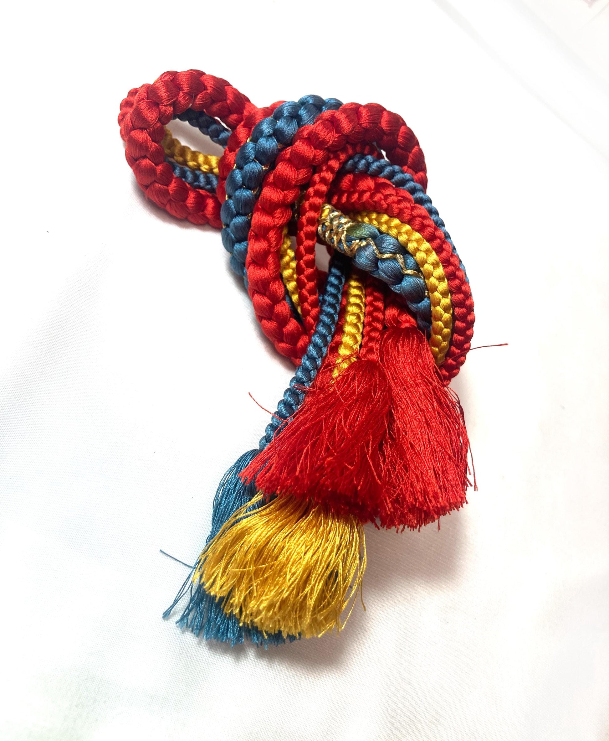 Vintage kimono accessories set - bright red obiage and vivid blue, yellow, and red obijime