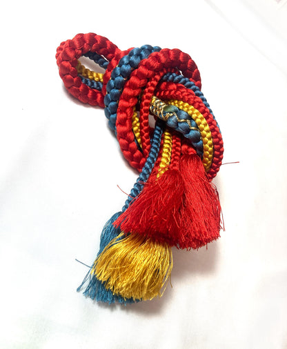 Vintage kimono accessories set - bright red obiage and vivid blue, yellow, and red obijime