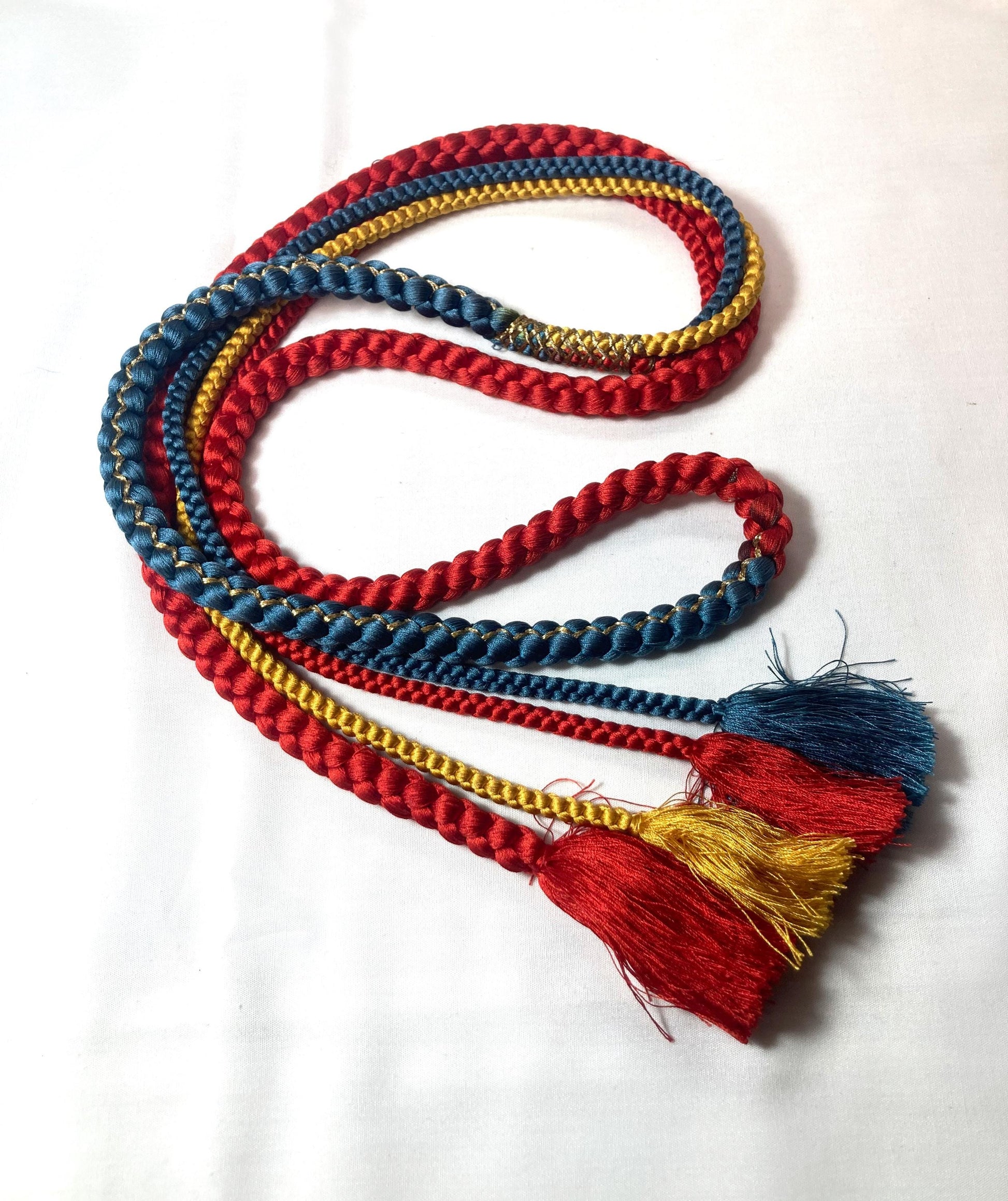 Vintage kimono accessories set - bright red obiage and vivid blue, yellow, and red obijime