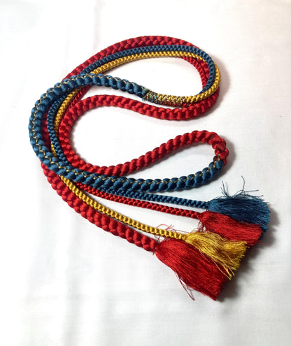 Vintage kimono accessories set - bright red obiage and vivid blue, yellow, and red obijime