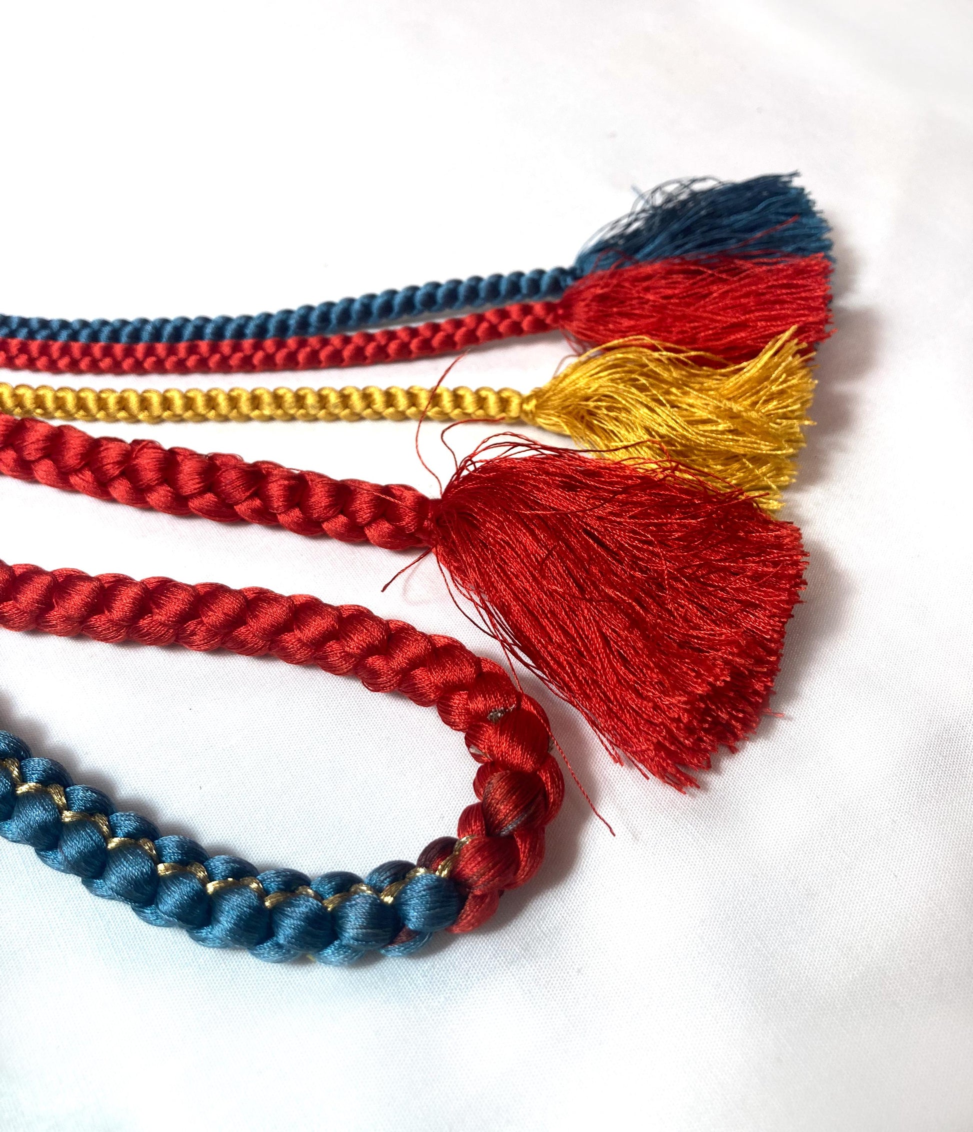 Vintage kimono accessories set - bright red obiage and vivid blue, yellow, and red obijime