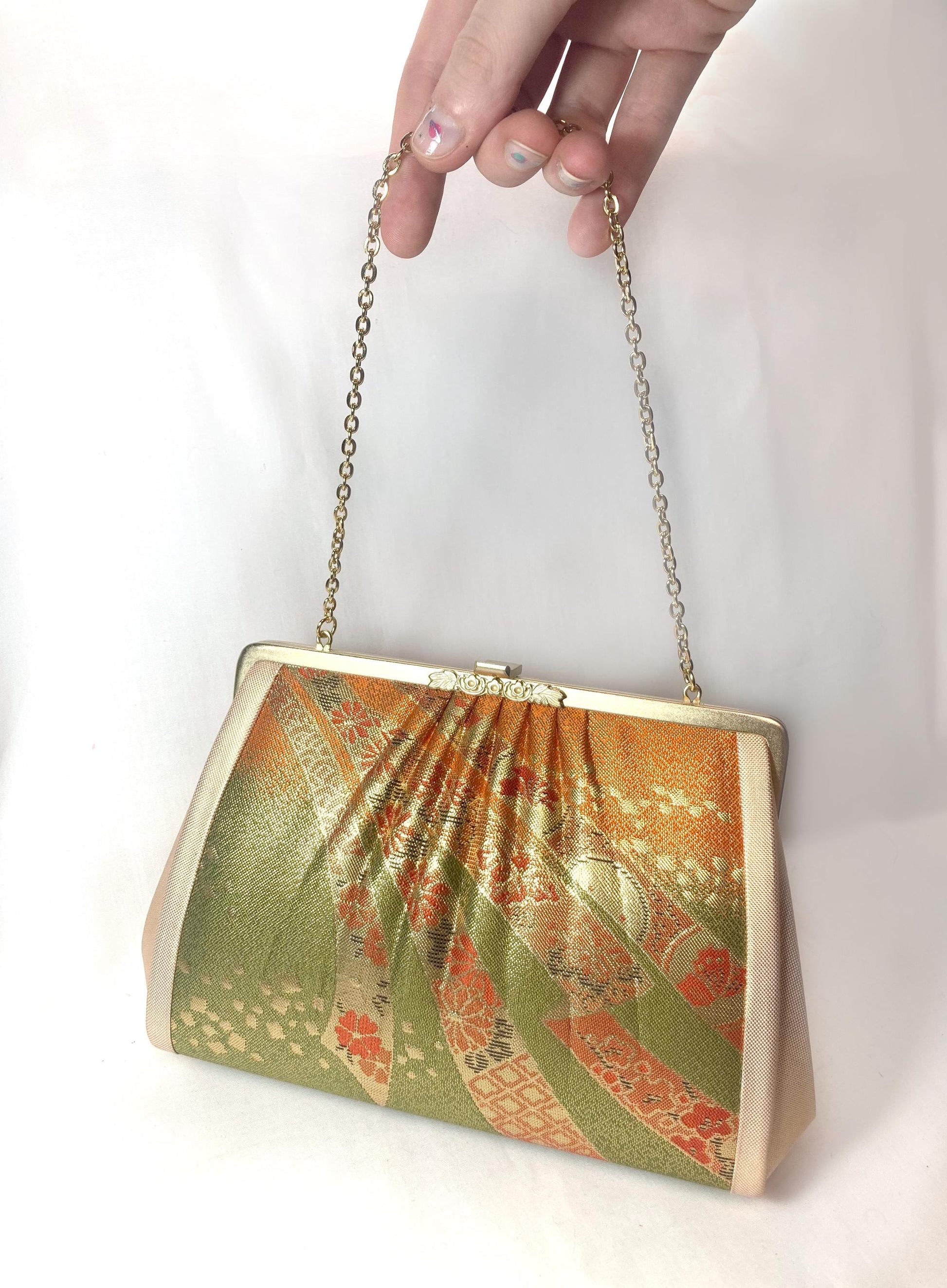 Vintage kimono handbag - two-way vibrant orange and green with metallic ribbon pattern