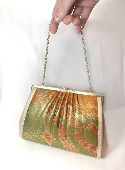 Vintage kimono handbag - two-way vibrant orange and green with metallic ribbon pattern