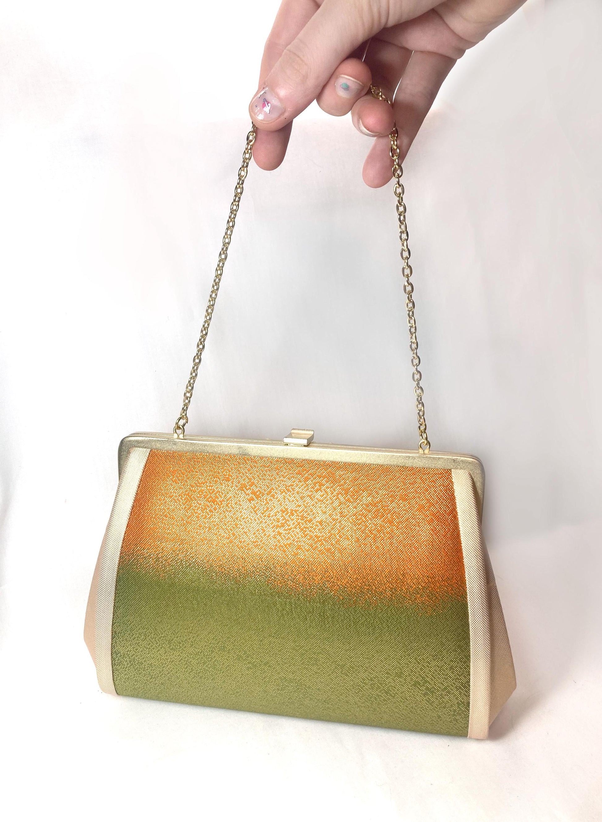 Vintage kimono handbag - two-way vibrant orange and green with metallic ribbon pattern