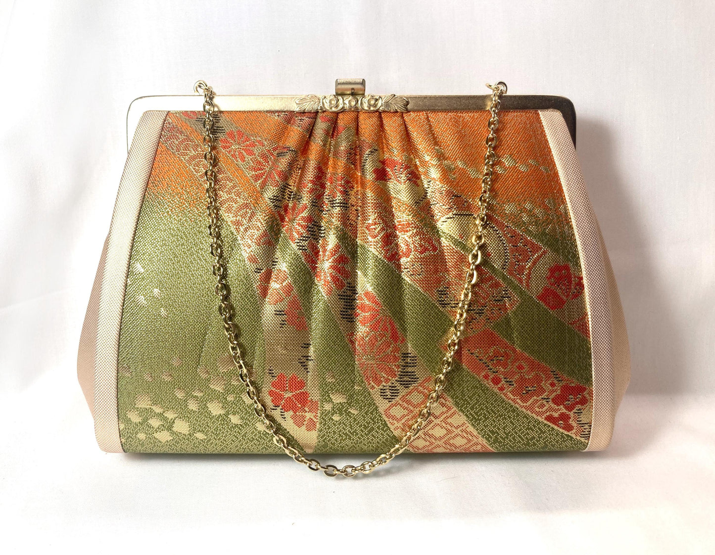 Vintage kimono handbag - two-way vibrant orange and green with metallic ribbon pattern