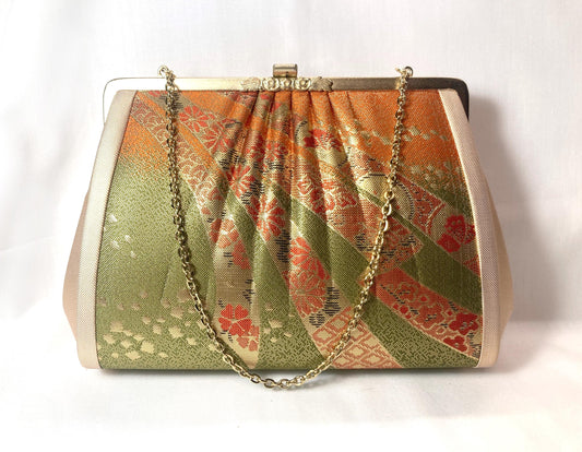 Vintage kimono handbag - two-way vibrant orange and green with metallic ribbon pattern