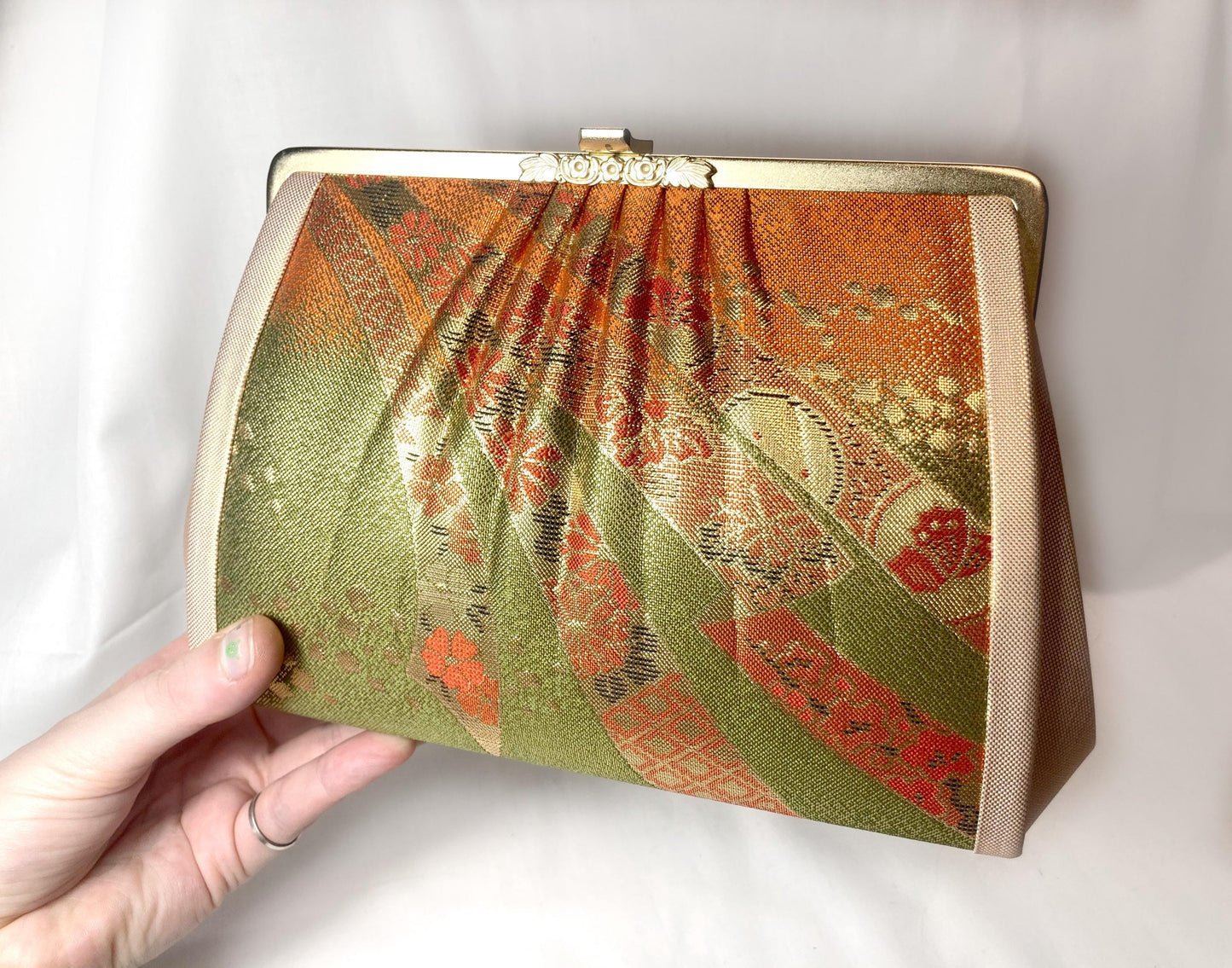 Vintage kimono handbag - two-way vibrant orange and green with metallic ribbon pattern
