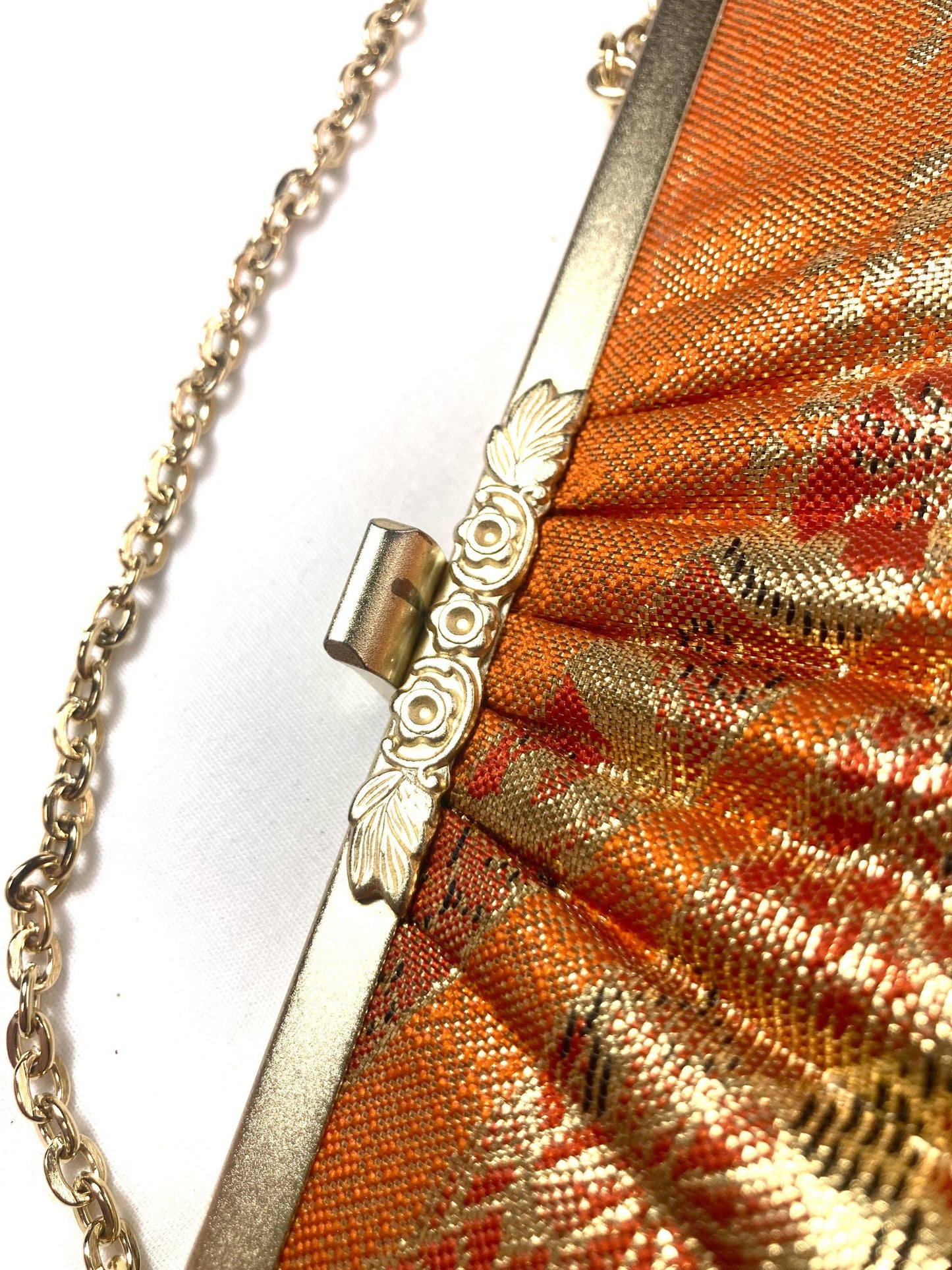 Vintage kimono handbag - two-way vibrant orange and green with metallic ribbon pattern