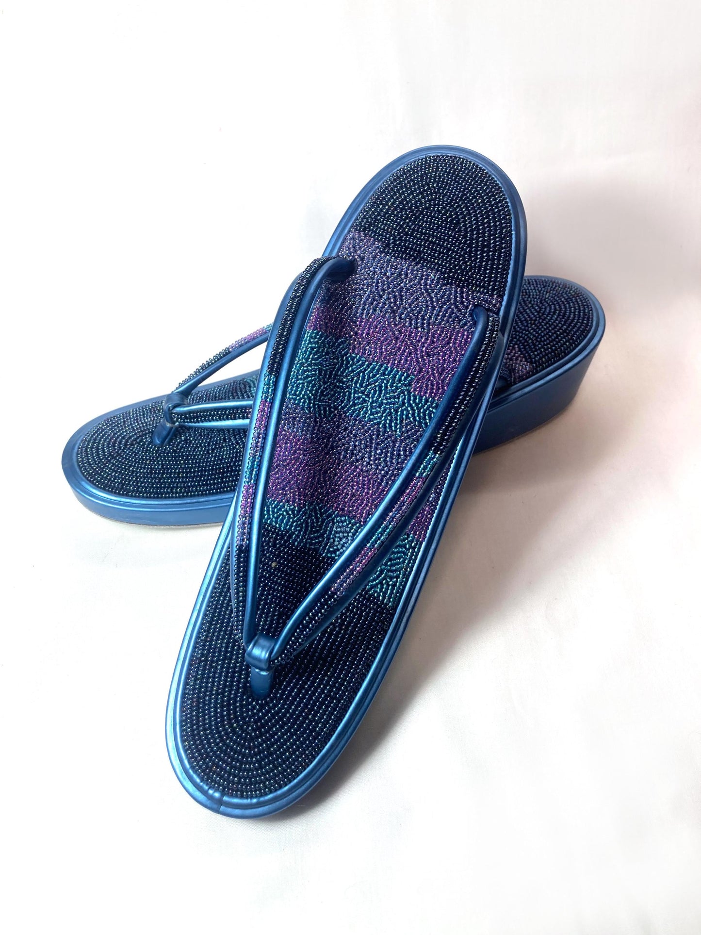 Unique vintage Japanese zori - beaded metallic blue and purple