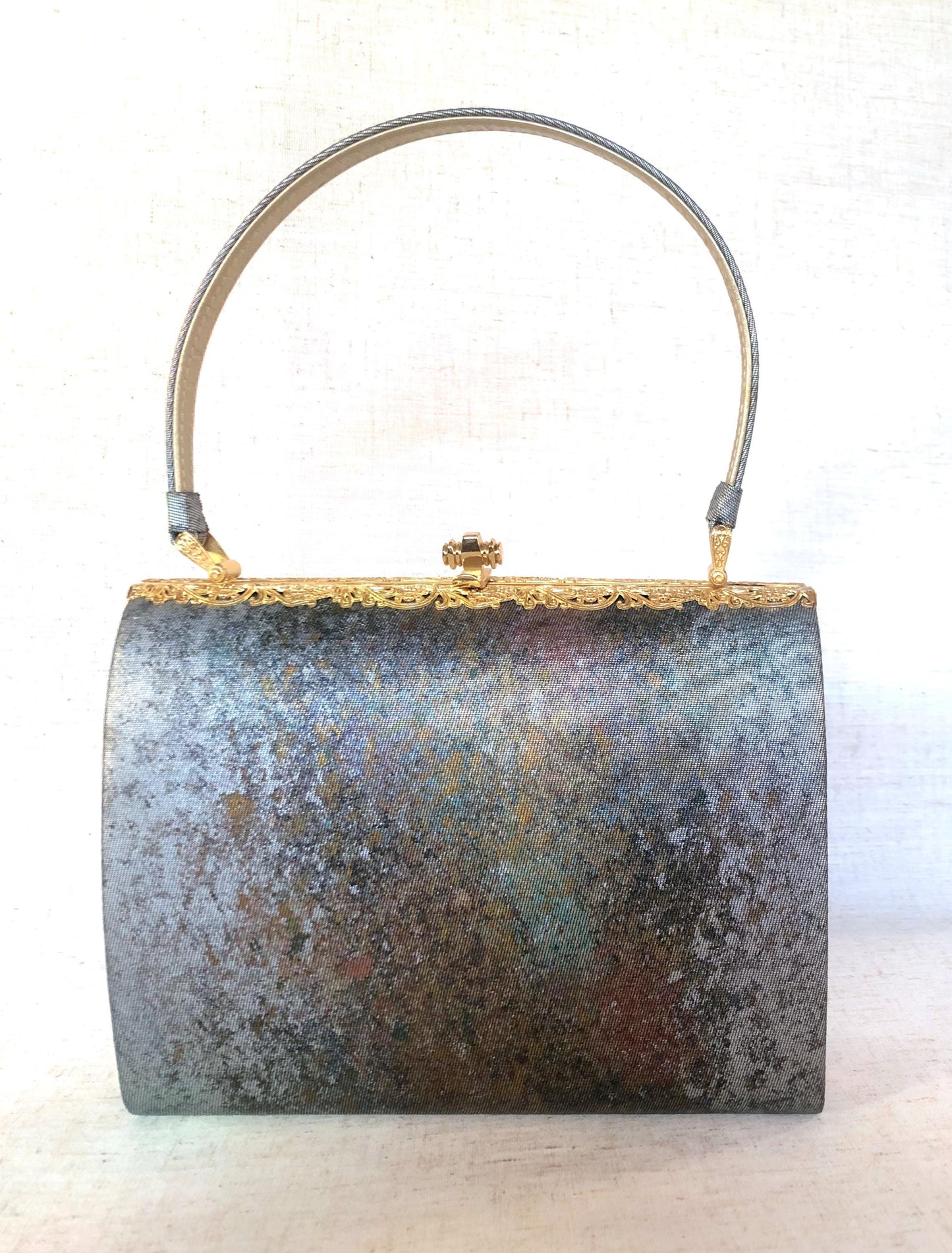 Vintage kimono handbag - metallic gray and copper