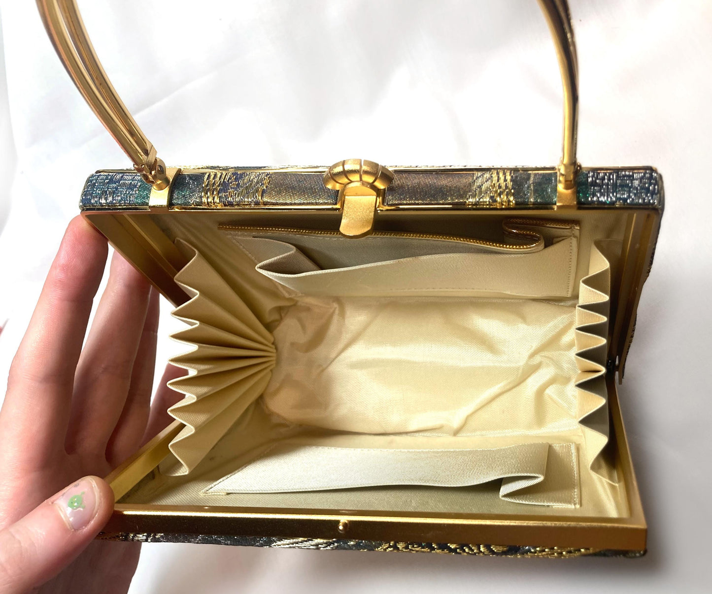 Vintage kimono handbag - emerald and golden abstract pattern