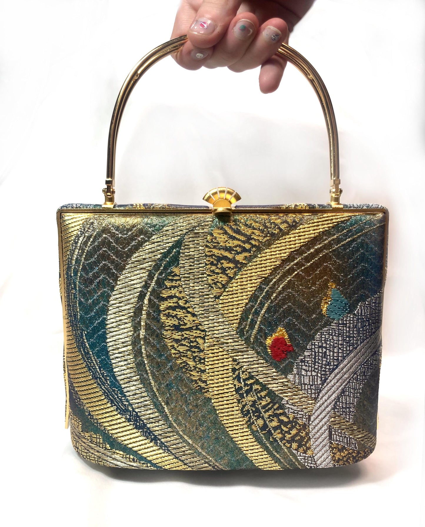 Vintage kimono handbag - emerald and golden abstract pattern