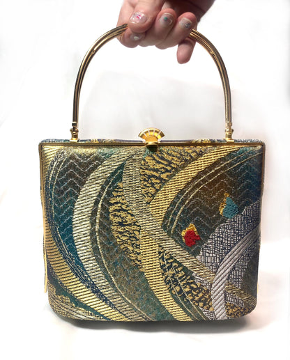 Vintage kimono handbag - emerald and golden abstract pattern