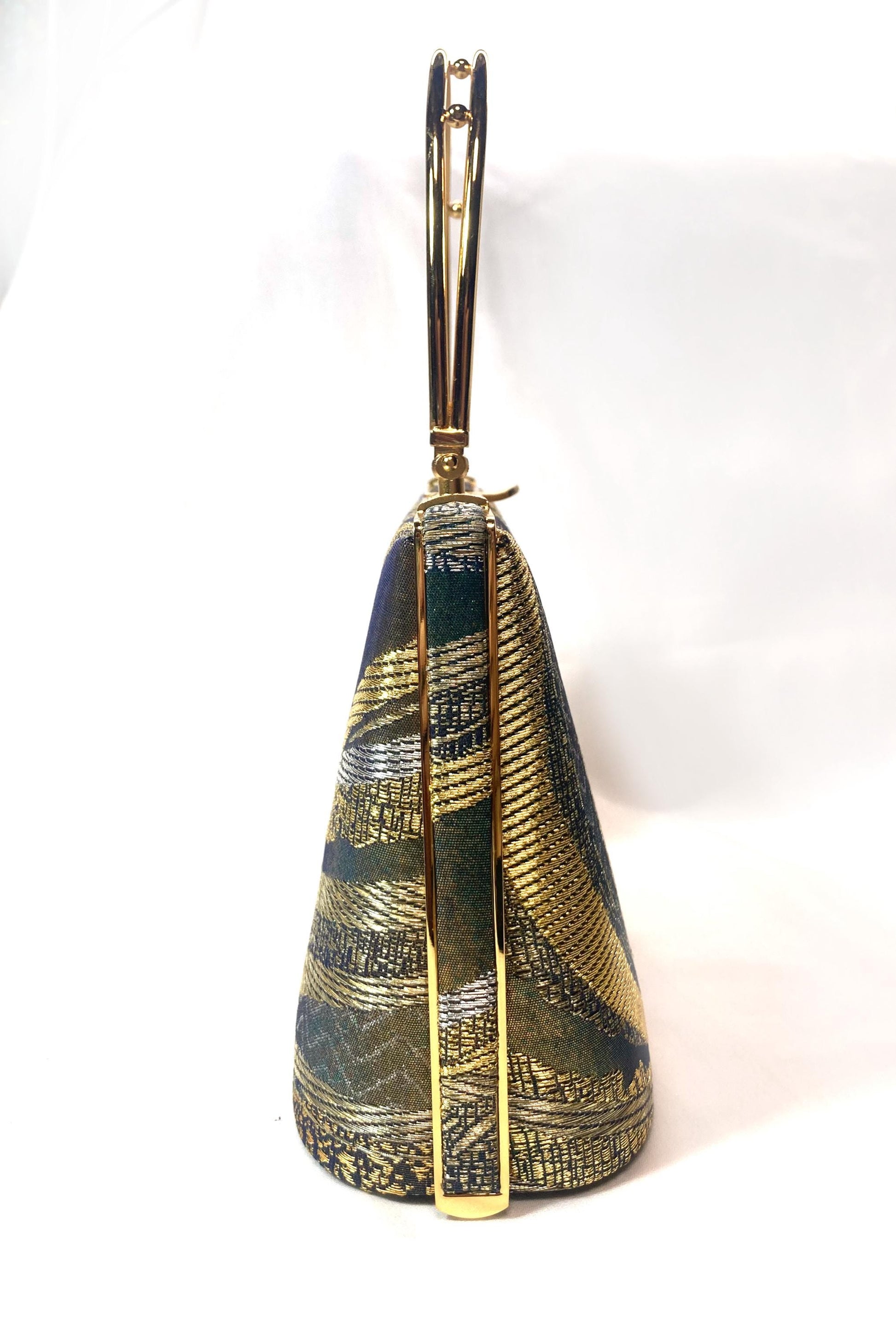 Vintage kimono handbag - emerald and golden abstract pattern