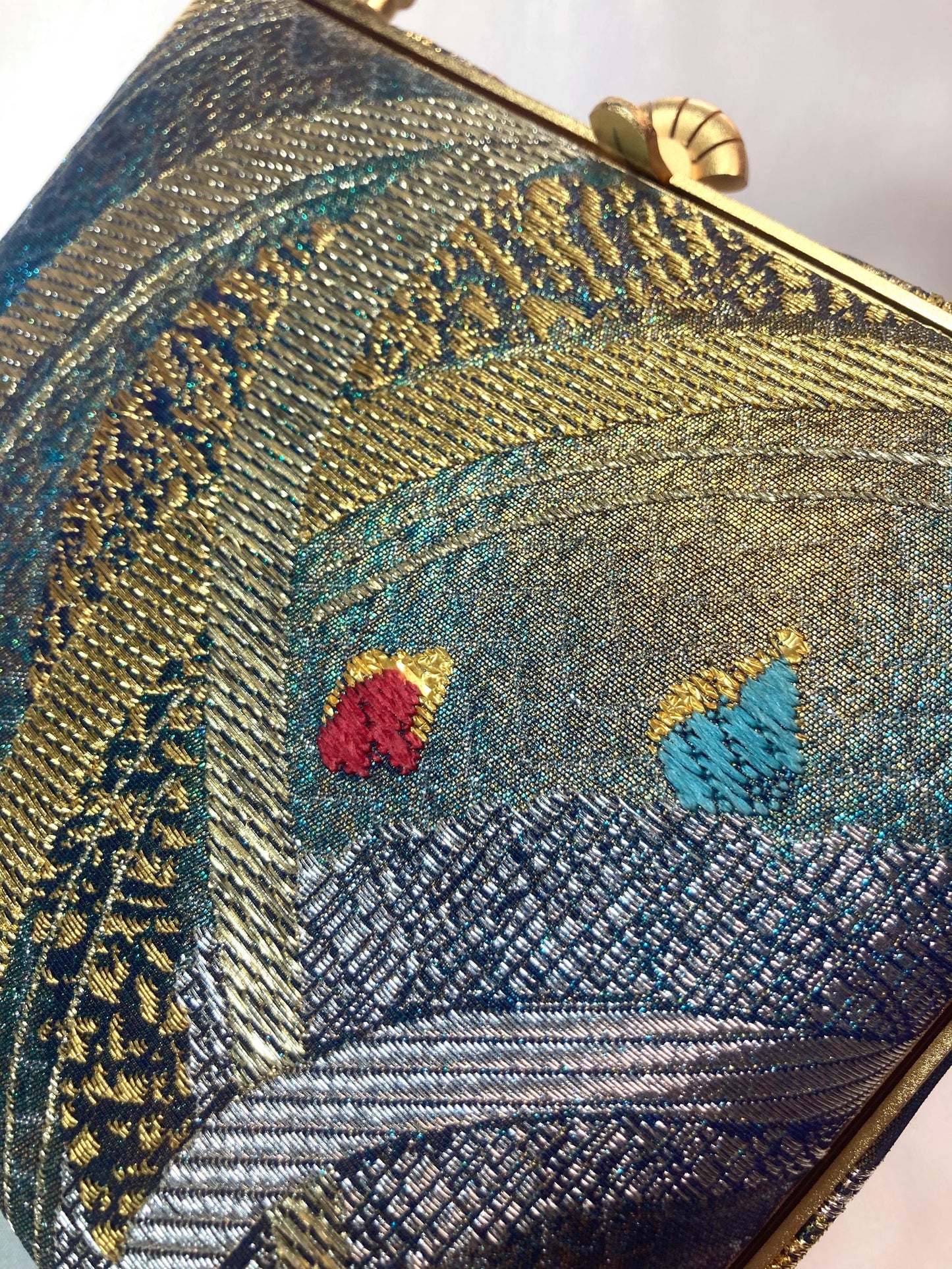 Vintage kimono handbag - emerald and golden abstract pattern