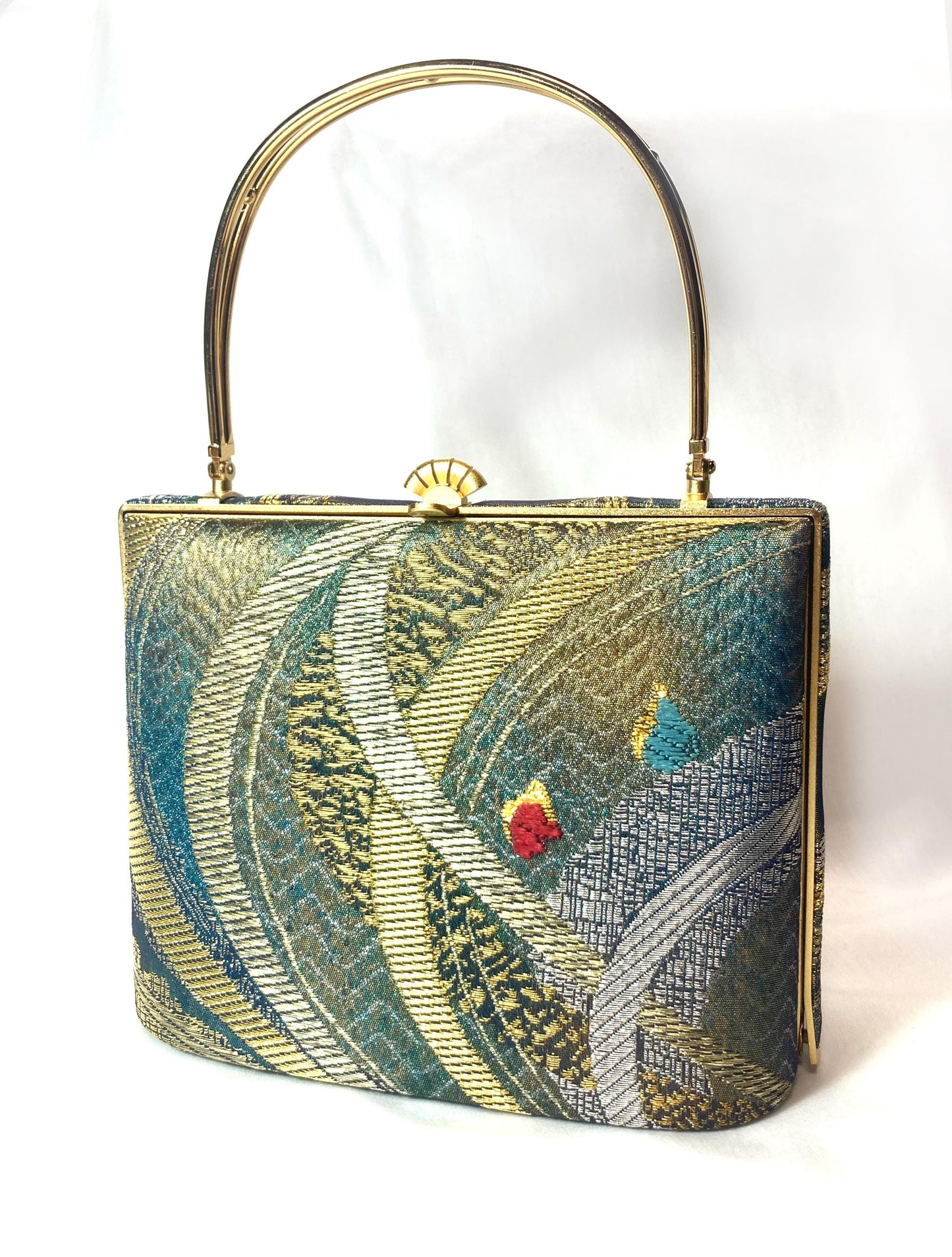 Vintage kimono handbag - emerald and golden abstract pattern